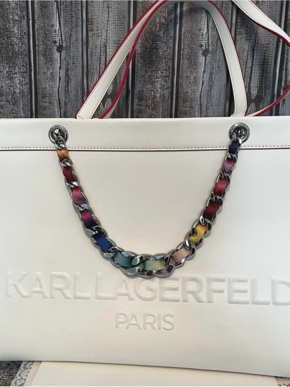 Karl Lagerfeld Large White Leather Carry-All Tote Laptop Purse Bag Rainbow Chain